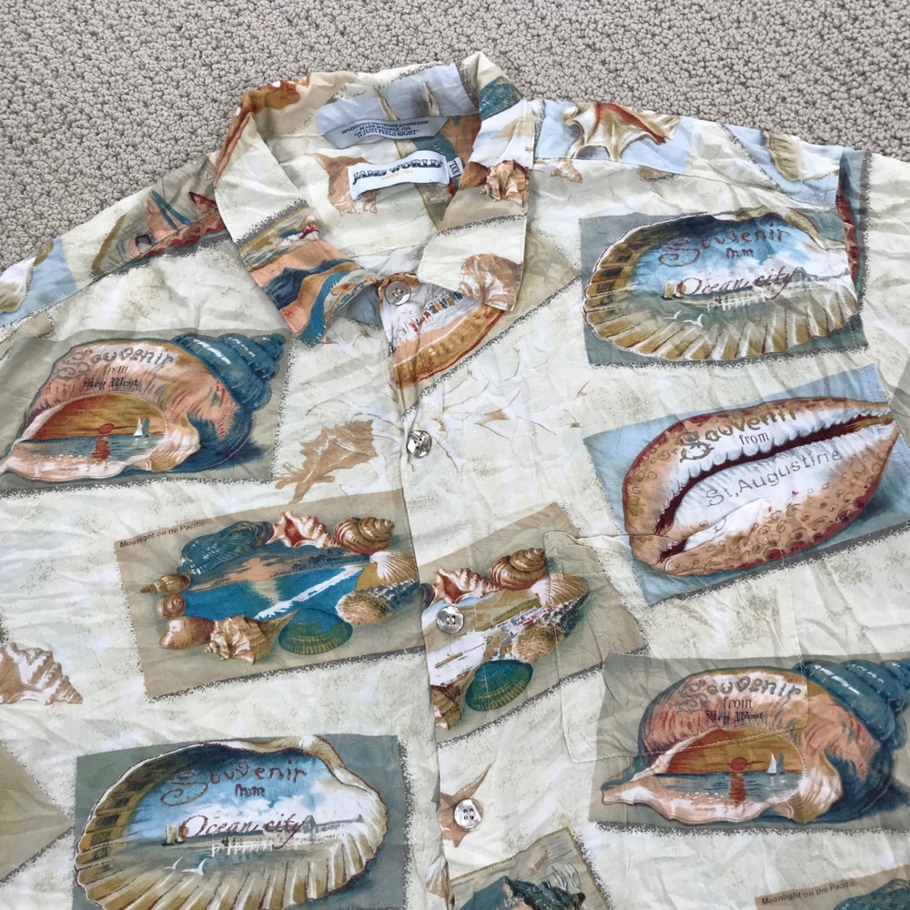 Jams World Mens XXL Hawaiian Shirt Souvenir Shell Postcard Rayon Made in Hawaii